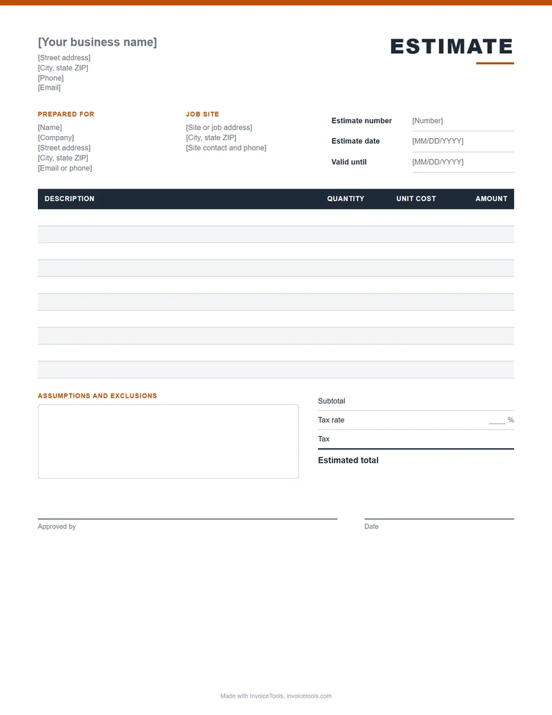 Blank estimate template with job site, valid until date and estimated total fields