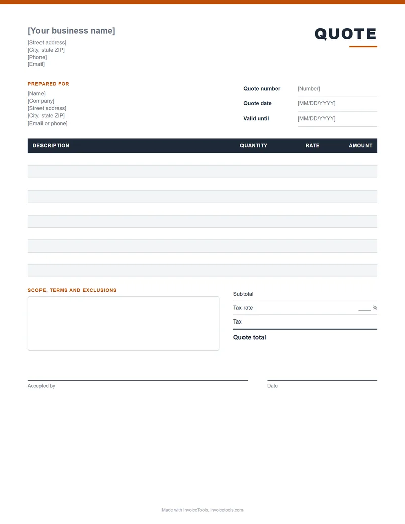 Blank quote template with valid until date, line items and an acceptance signature line