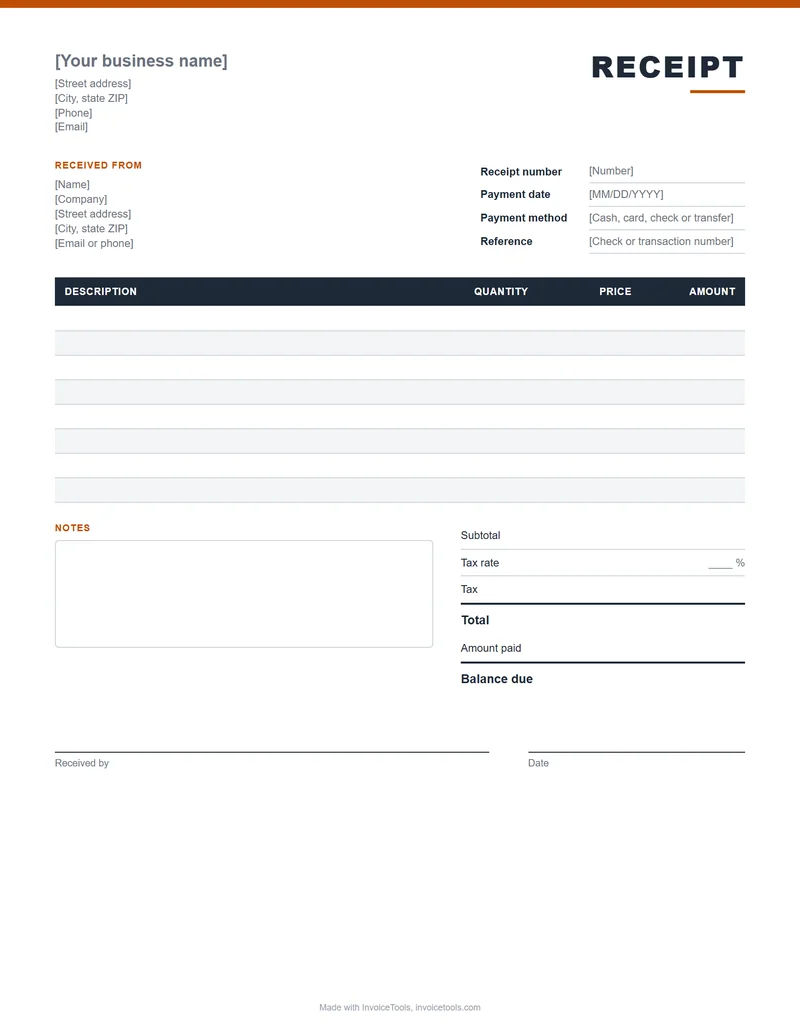 Blank receipt template with paid amount and payment method fields
