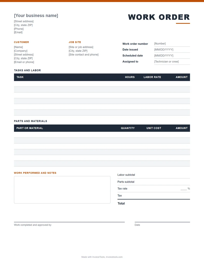 Blank work order template with tasks, parts, labor and sign-off fields