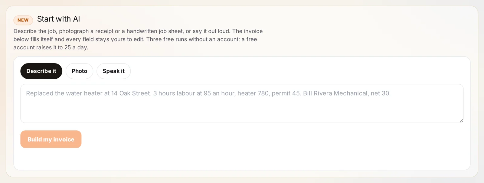 The start with AI panel at the top of the invoice generator