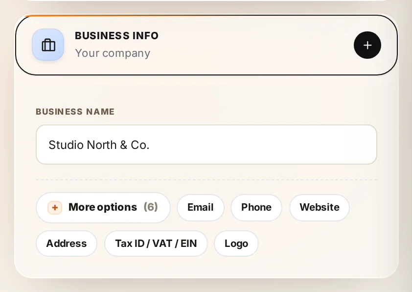 The business info card with the business name field and the more options row