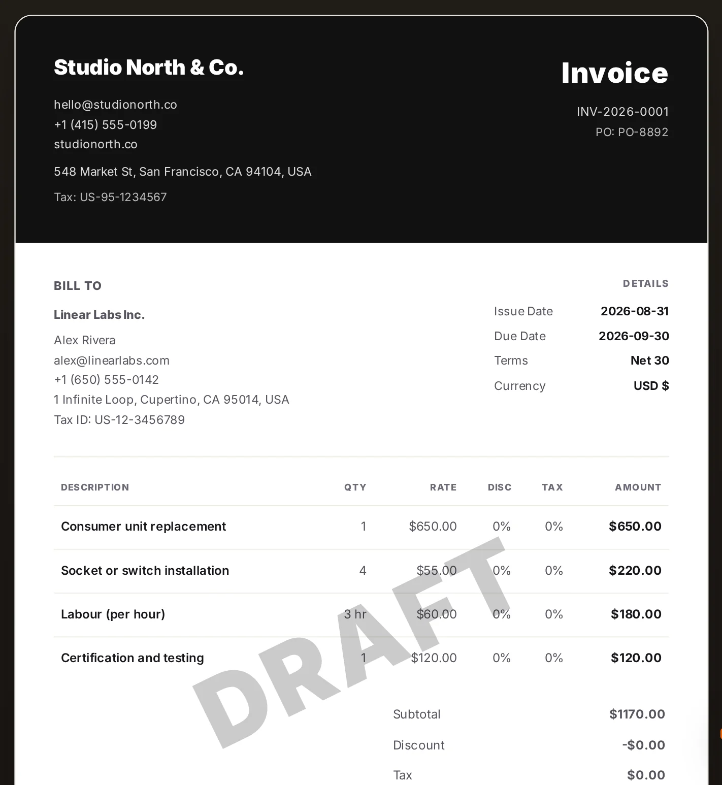The live invoice preview showing the header, line items and totals