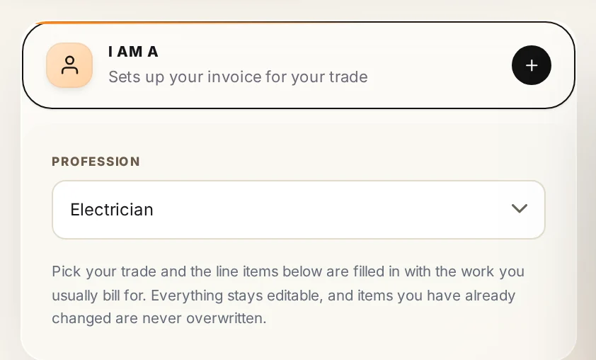 The I am a card in the invoice generator with the profession dropdown