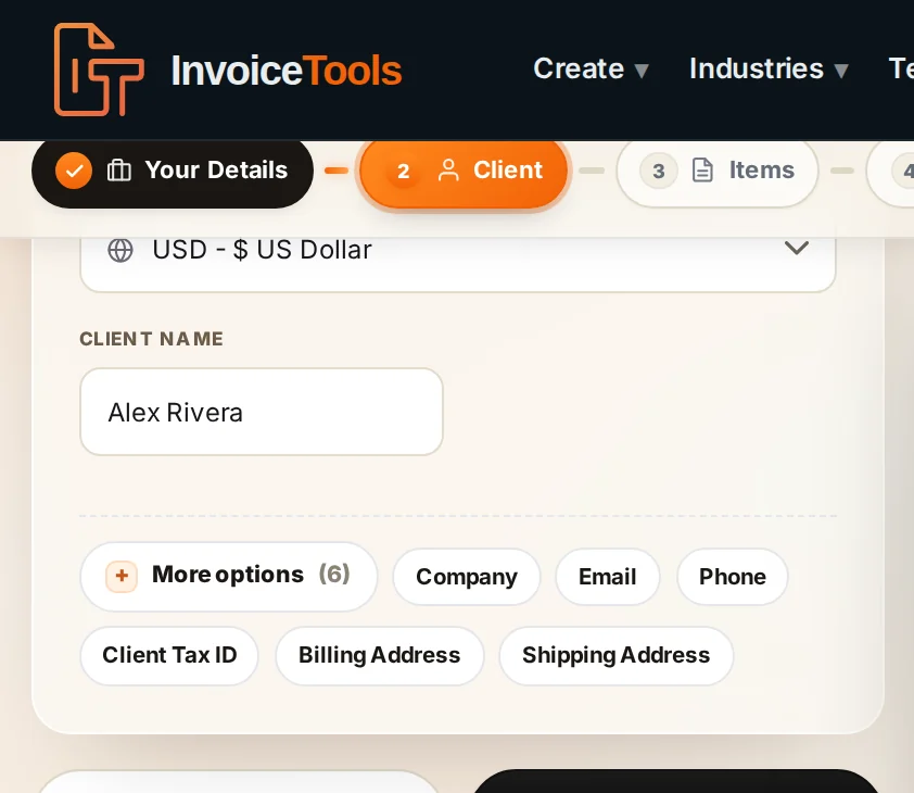 The client card in the invoice generator