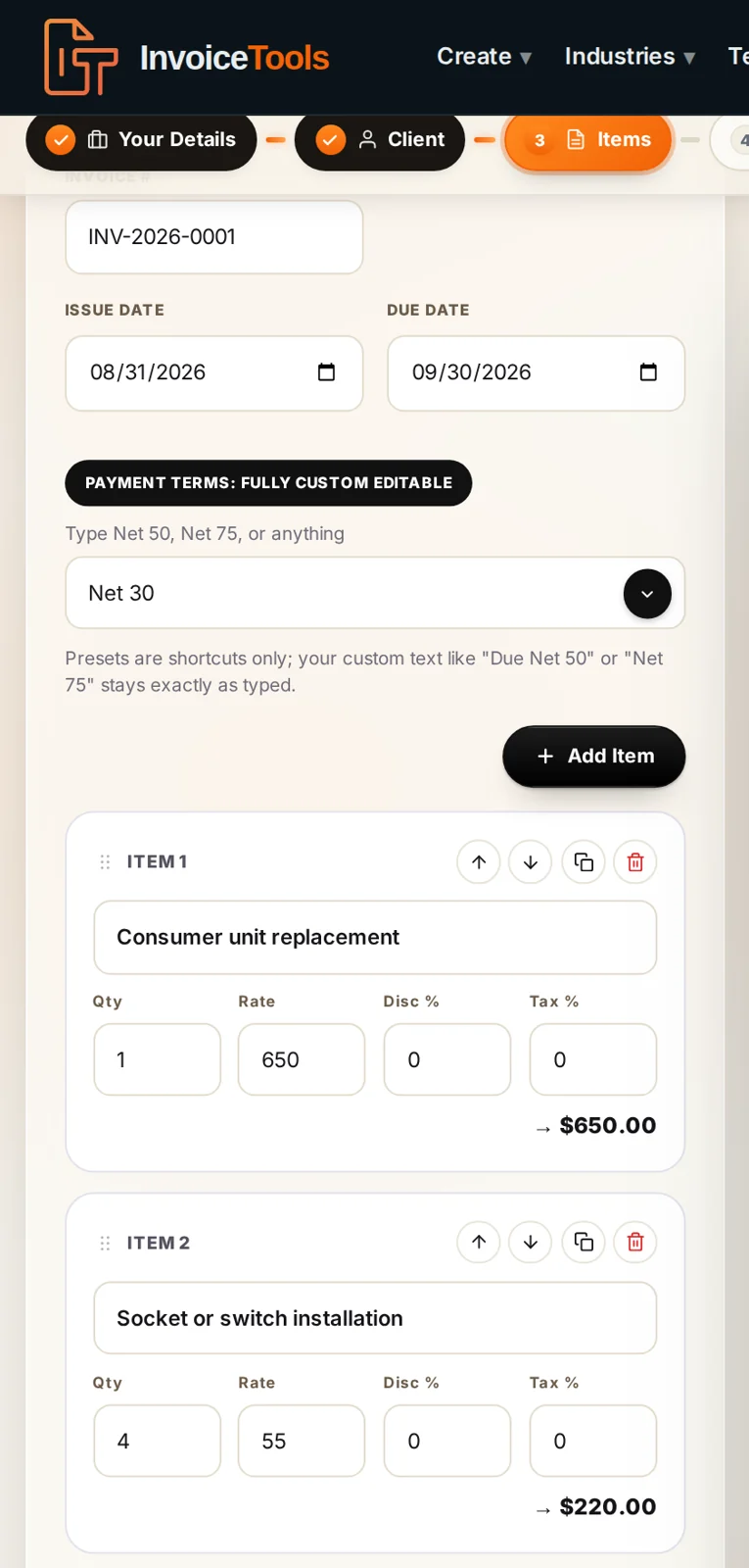 The items step showing the invoice number, issue and due dates, payment terms and two line items with quantity, rate, discount and tax