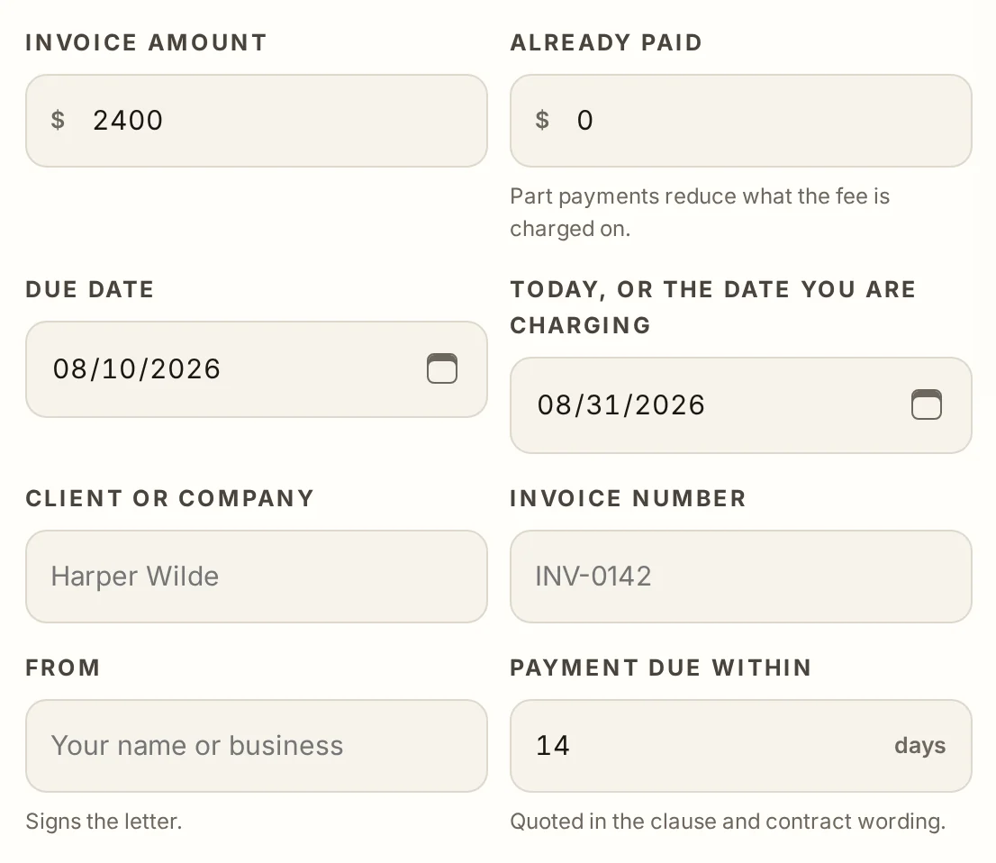 The late fee calculator inputs: invoice amount, already paid, due date, the date you are charging, client, invoice number and the payment window in days