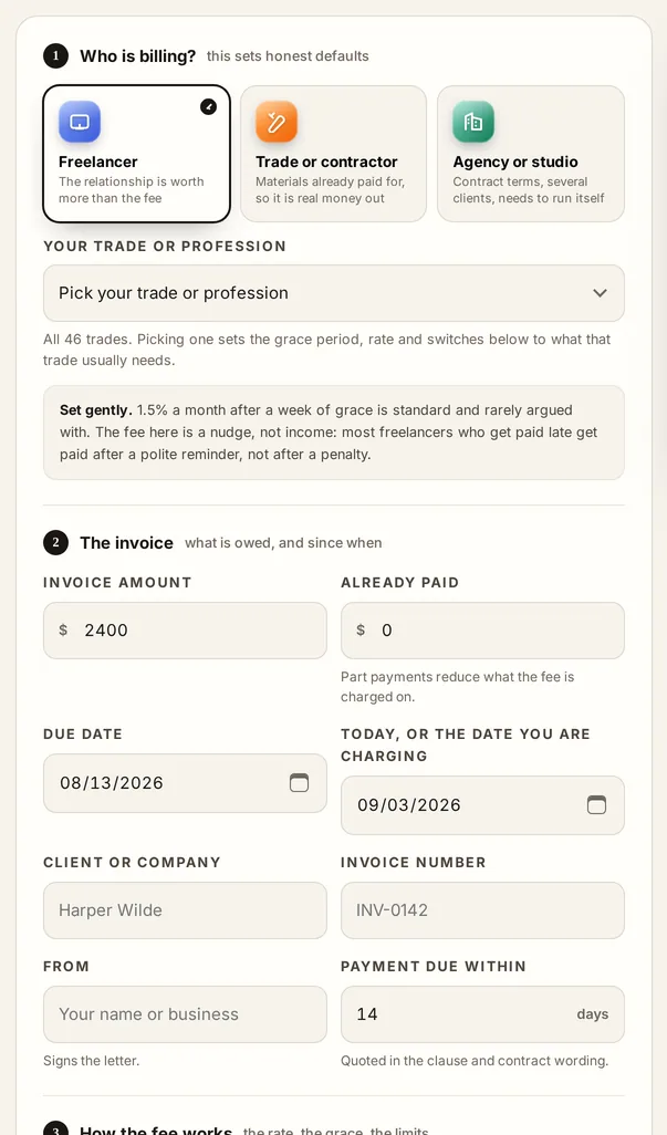 The late fee calculator with an invoice amount, a due date and a grace period filled in