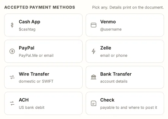 The payment methods block on the purchase order tool