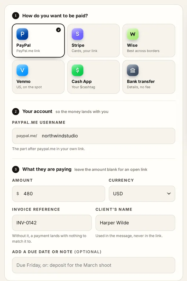 The payment link builder with PayPal, Venmo, Cash App, Zelle, ACH and bank transfer options