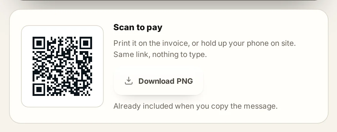 The payment link builder showing the generated QR code and the scan to pay panel