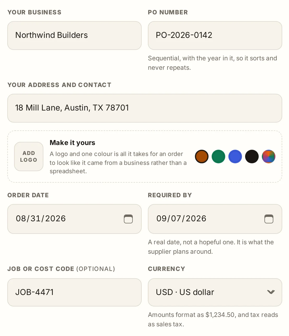 The purchase order generator showing a PO number field reading PO-2026-0142, with order date, required by date and a job or cost code