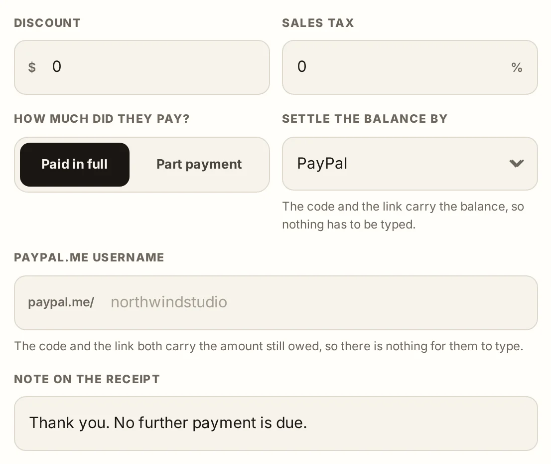 The receipt maker showing a paid in full or part payment switch, a settle the balance by picker and a note field
