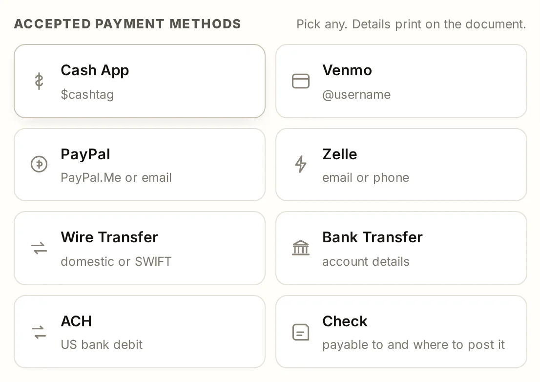 The accepted payment methods card on the receipt maker