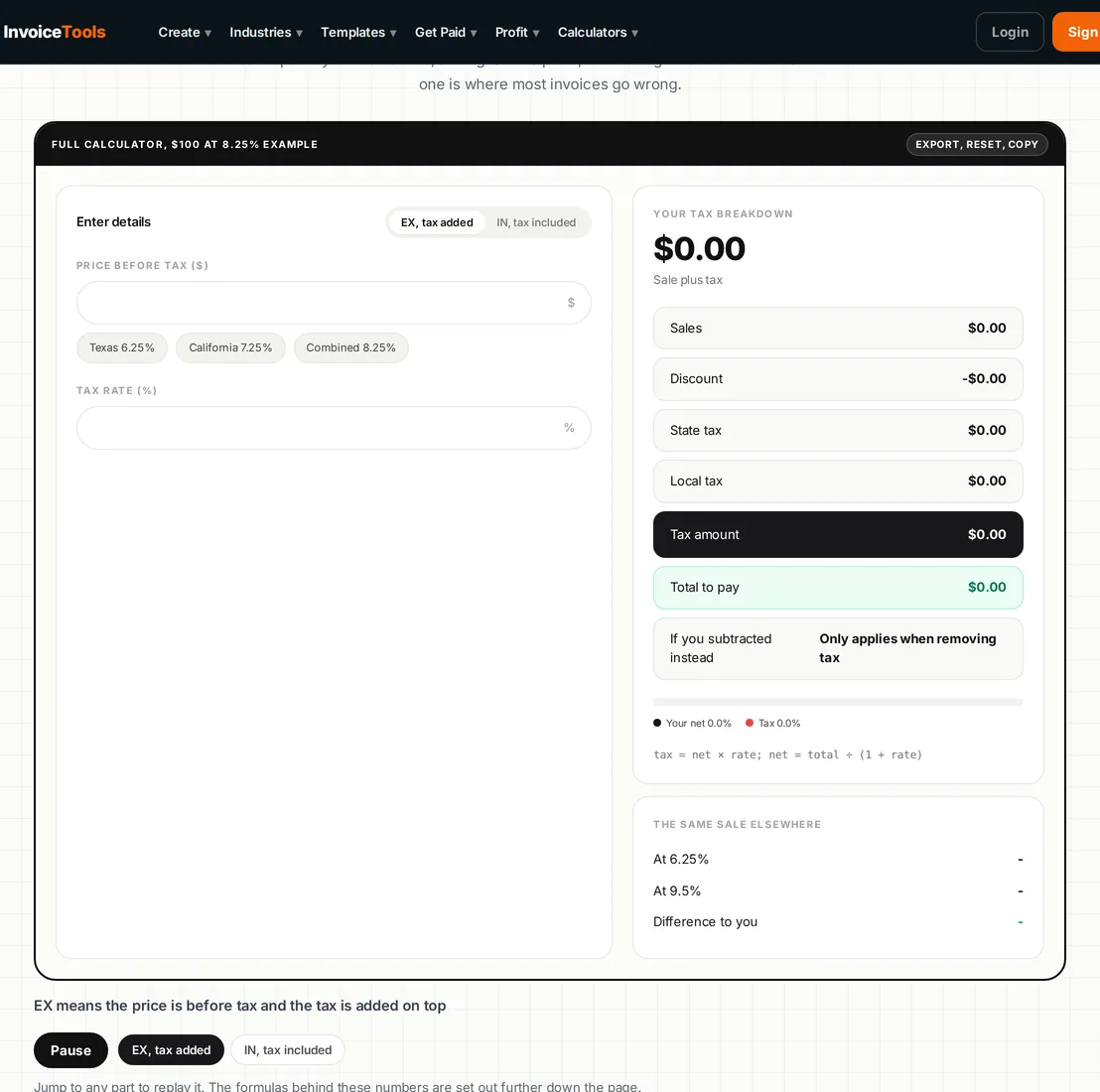 The sales tax calculator working a figure both ways, adding tax to a net amount and extracting it from a gross one