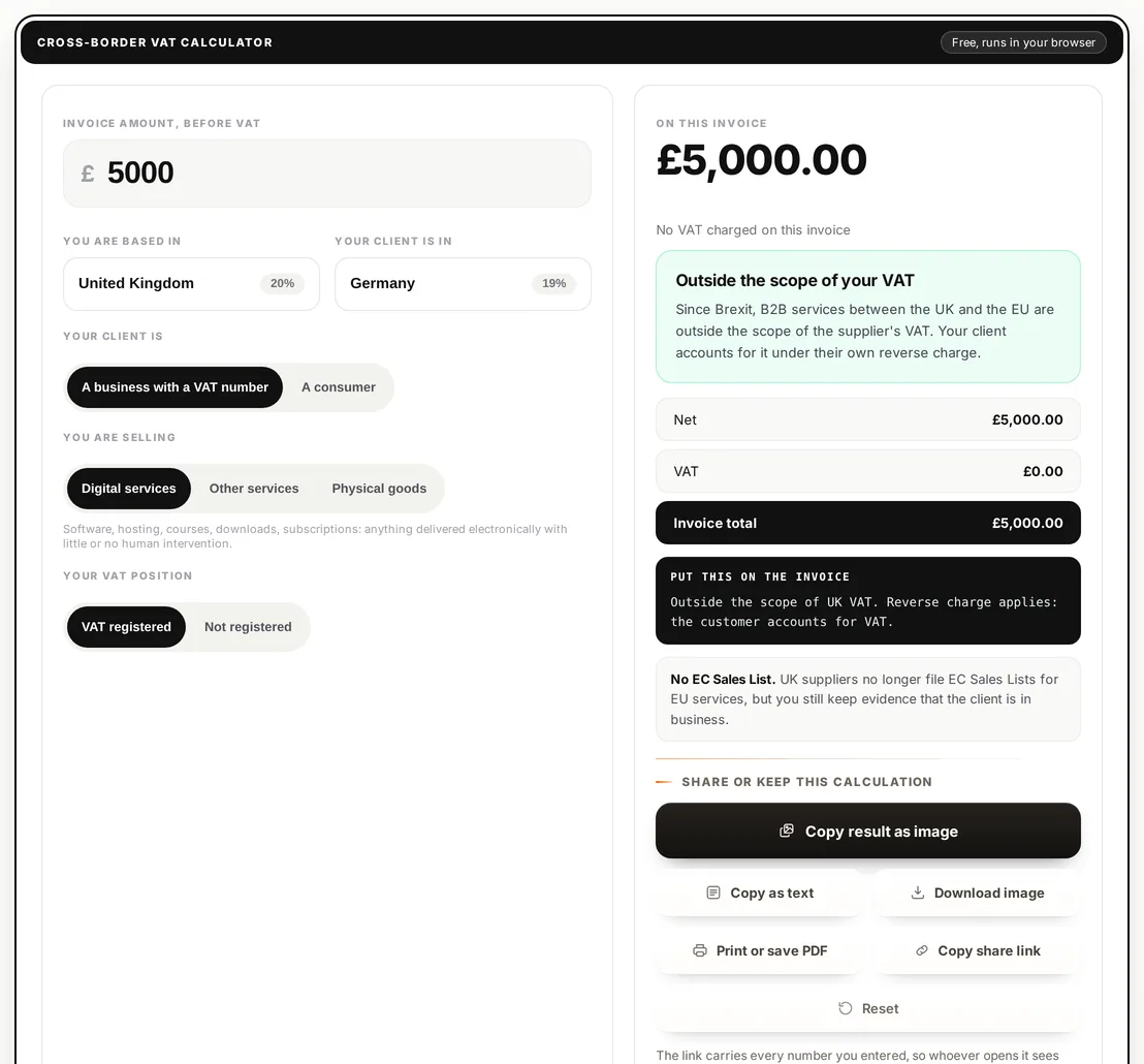 The VAT calculator adding tax to a net figure and extracting it from a gross one