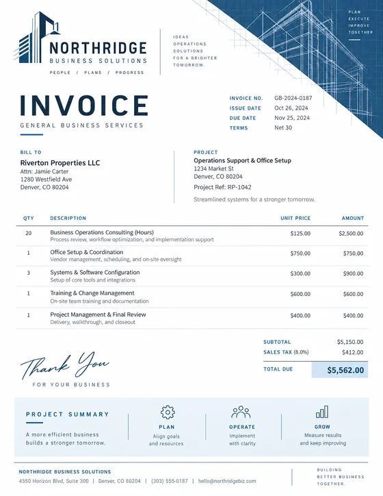 Northridge blueprint invoice, one of the InvoiceTools templates