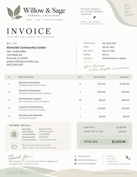 Willow Sage invoice, one of the InvoiceTools templates