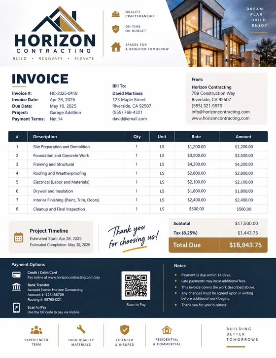 Horizon general contractor invoice, one of the InvoiceTools templates