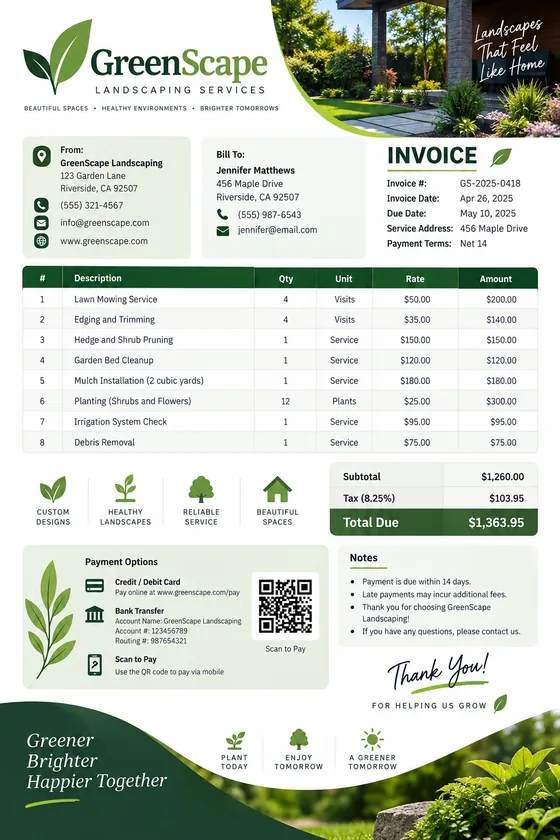 GreenScape landscaper invoice, one of the InvoiceTools templates