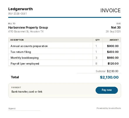 Aperture invoice template, filled in for a accountant or bookkeeper