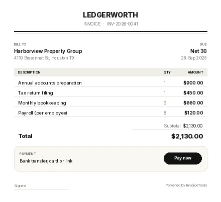 Cellwork invoice template, filled in for a accountant or bookkeeper