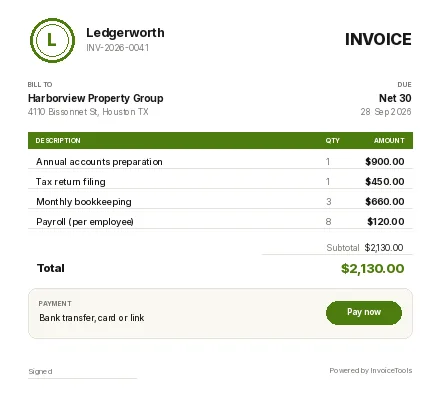 Clearpane invoice template, filled in for a accountant or bookkeeper