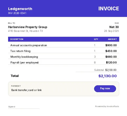 Sentinel Compliance invoice template, filled in for a accountant or bookkeeper