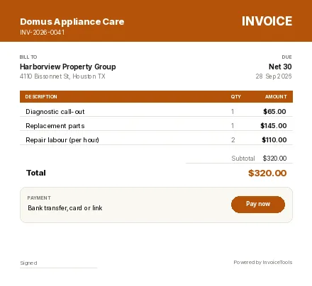 Downspout invoice template, filled in for a appliance repair
