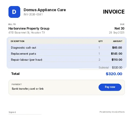 Fangline invoice template, filled in for a appliance repair