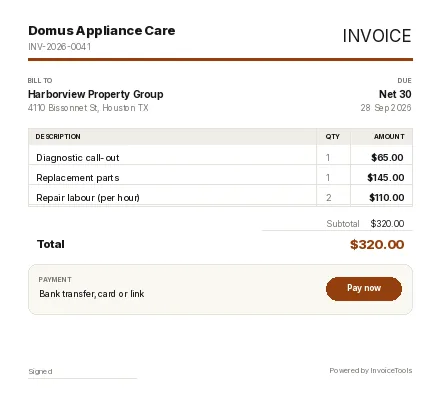 Fieldset invoice template, filled in for a appliance repair