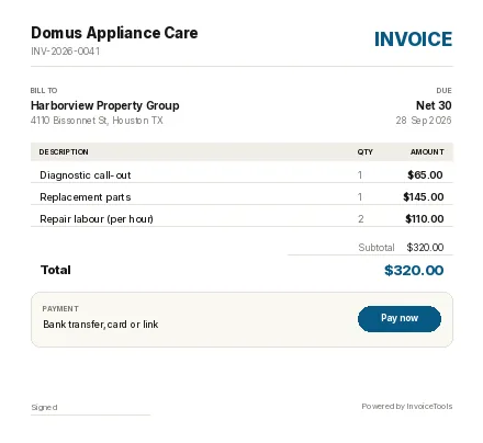 Honeycomb invoice template, filled in for a appliance repair