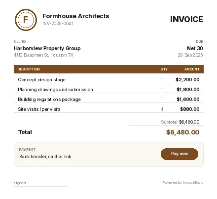 Coverline invoice template, filled in for a architect