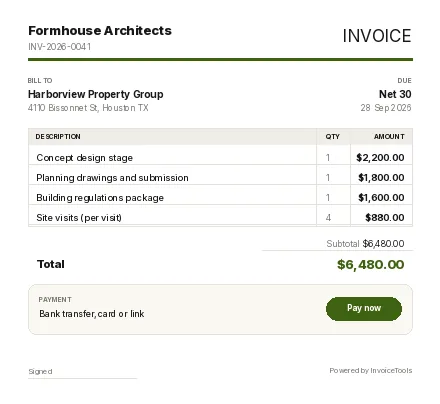 Load Dock invoice template, filled in for a architect