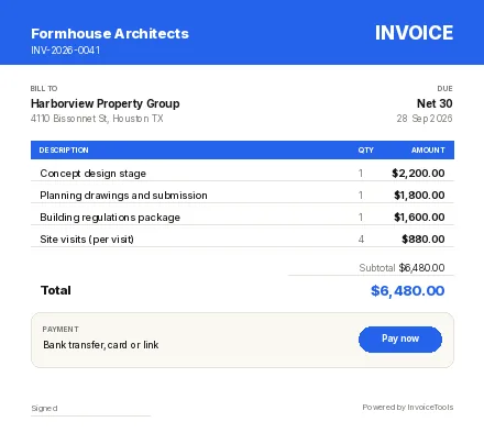 Section Line invoice template, filled in for a architect