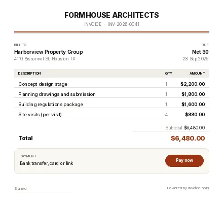 Stillwater invoice template, filled in for a architect