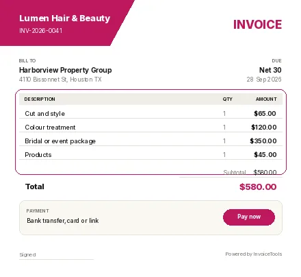 Eco Panel invoice template, filled in for a hair and beauty