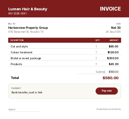 Half Note invoice template, filled in for a hair and beauty