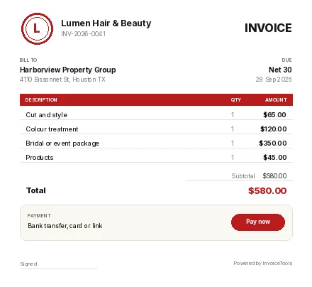 Silkwrap invoice template, filled in for a hair and beauty