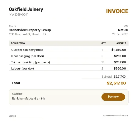 Benchwork invoice template, filled in for a carpenter or joiner