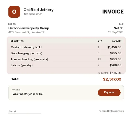 Bubbleline invoice template, filled in for a carpenter or joiner