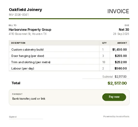 Load Dock invoice template, filled in for a carpenter or joiner