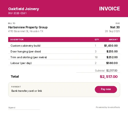 Matline invoice template, filled in for a carpenter or joiner