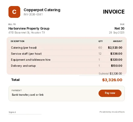 Pastel Badge invoice template, filled in for a caterer