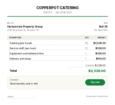 Tasting Menu invoice template, filled in for a caterer