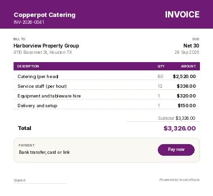 Tumbler & Pin invoice template, filled in for a caterer