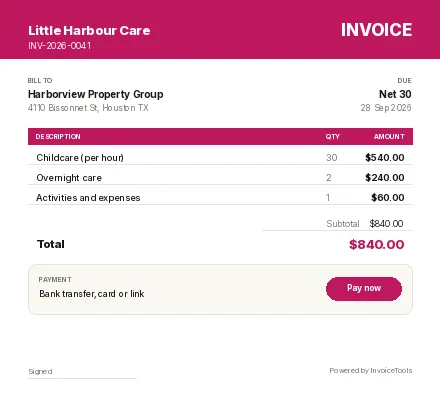 Matline invoice template, filled in for a childcare or nanny