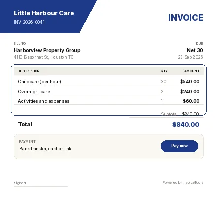 Soft Cards invoice template, filled in for a childcare or nanny