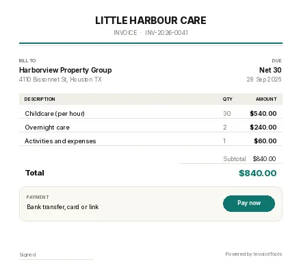 Swatchbook invoice template, filled in for a childcare or nanny