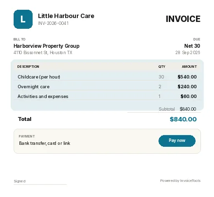 Wagtail invoice template, filled in for a childcare or nanny